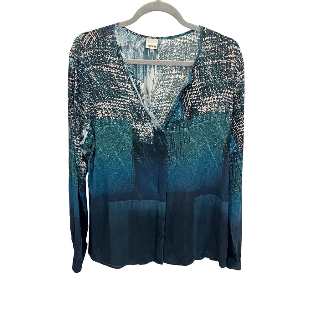 Ecru Silk Blouse Teal Navy Blue‎ Abstract Print Long Sleeve V-Neck Top - Size XL